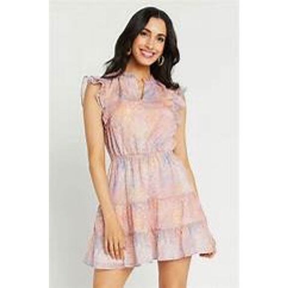BB Dakota Dreaming of Waves Pink Animal Print Tiered Flutter Mini Dress Size XS - Picture 1 of 10